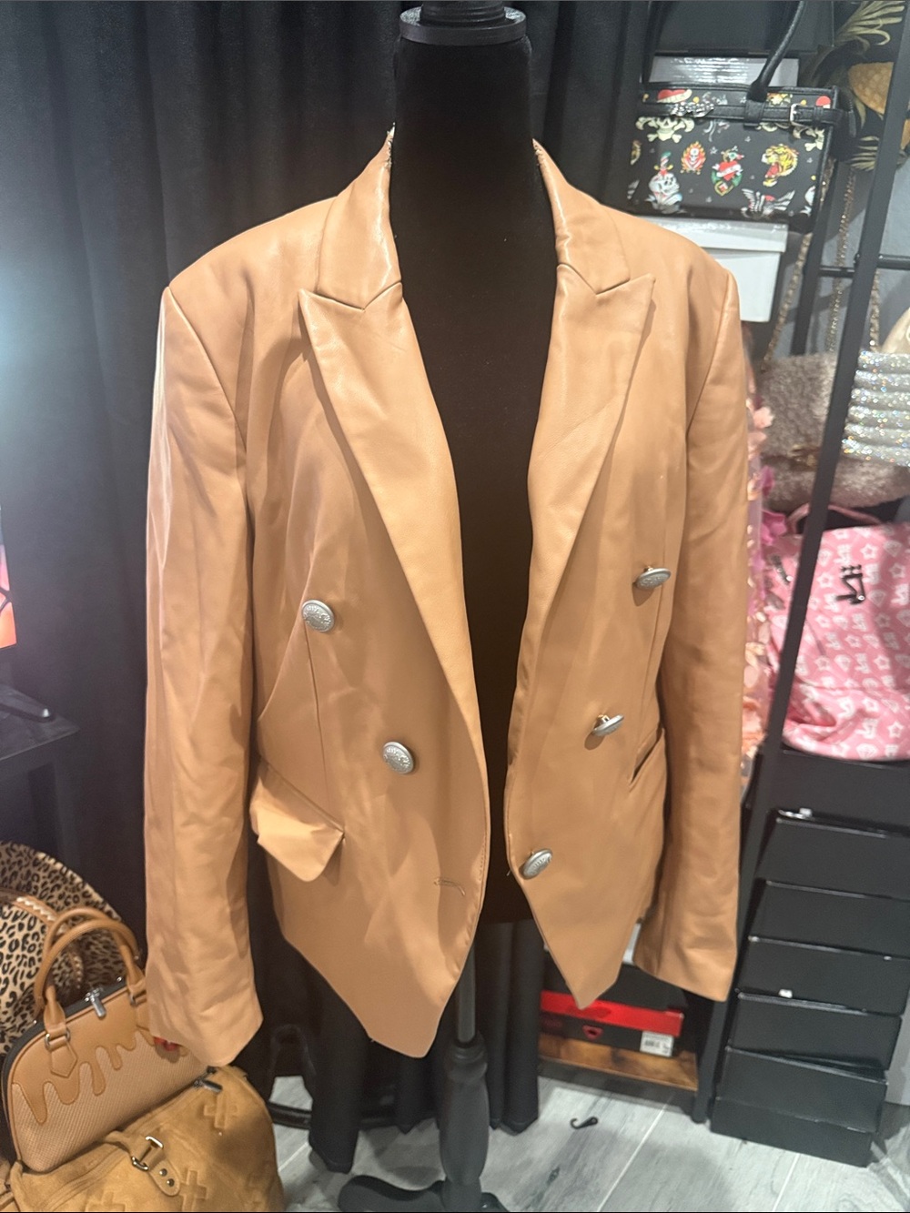 Express Tan Faux Leather Double-Breasted Blazer